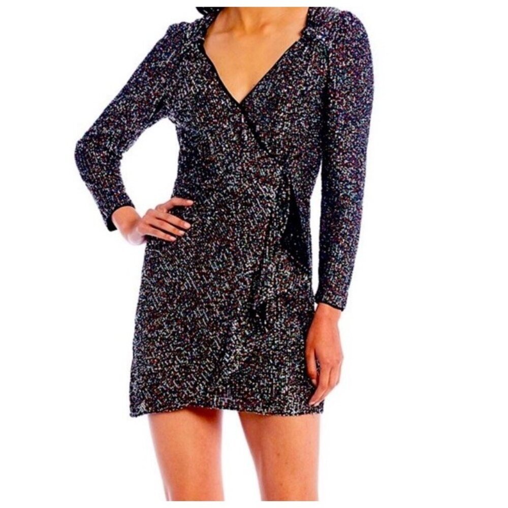 Lucy Paris Black Multicolor Sequenced Faux Wrap Holiday Mini Dress Size Large